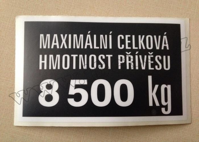 Štítek hmotnosti přívěsu 8500Kg