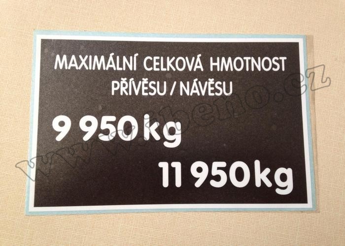 Štítek hmotnosti přívěsu/ návěsu 9950 kg/ 11950 kg