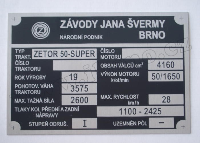 Výrobní štítek - Zetor Super 50