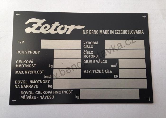 Výrobní tovární štítek Zetor N.P. Brno Made in Czechoslovakia