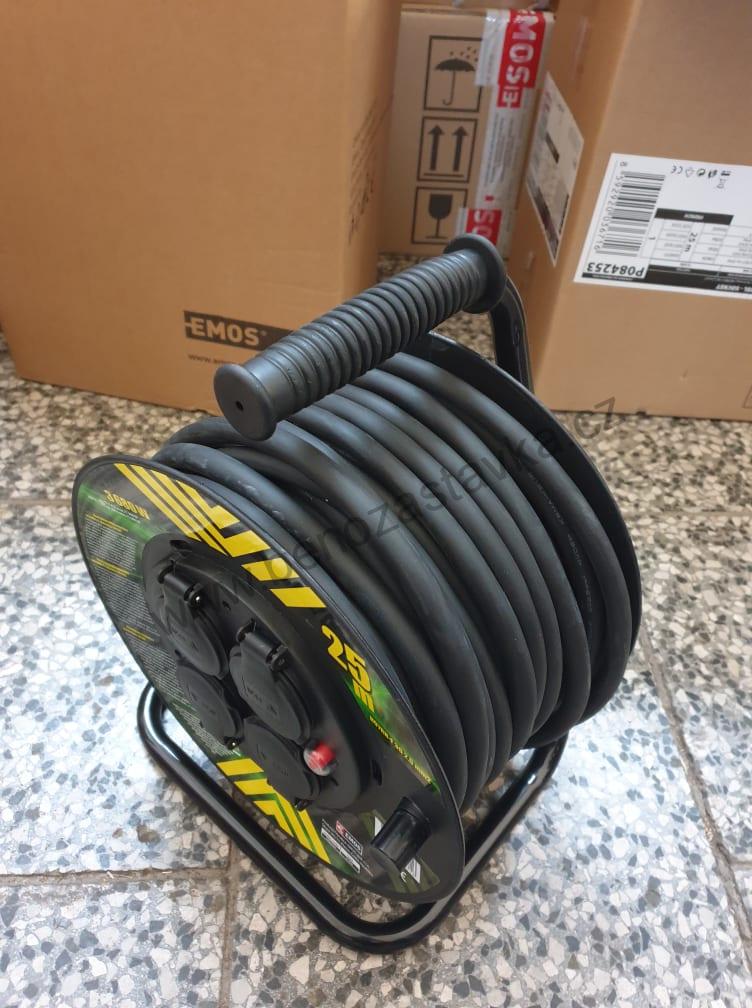 Prodlužovací gumový/neoprénový kabel na bubnu s vypínačem - 4 zásuvky, 25m, 2,5mm2